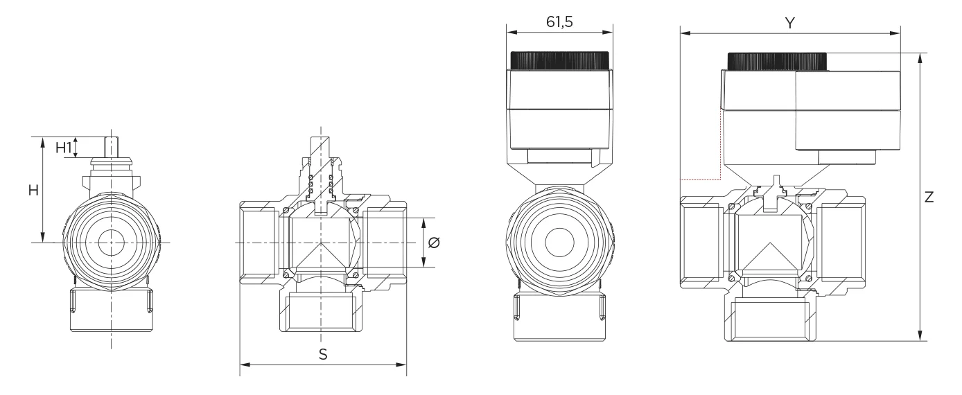 Stellmotor AQD mit vertikalem 3 Wege Kugelventil BVQC1.L Innengewinde technische zeichnung