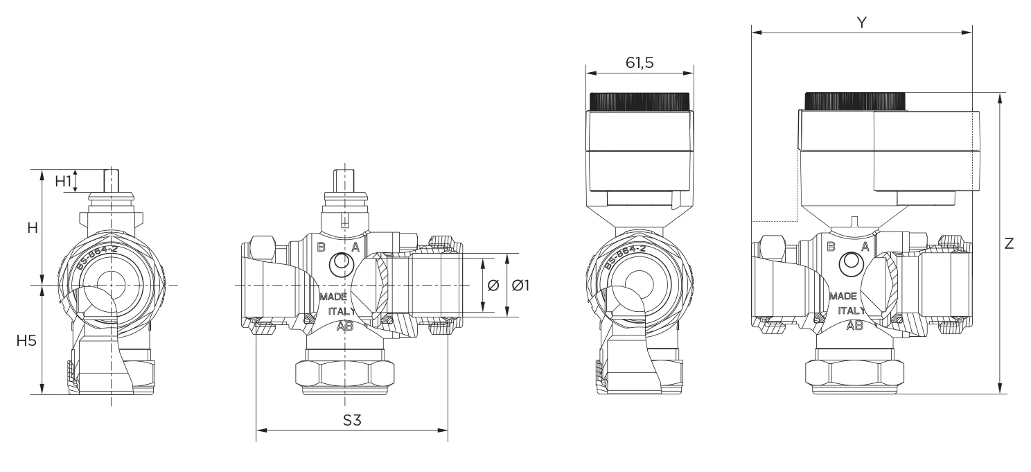 Stellmotor AQD mit vertikalem 3-Wege-Kugelventil BVQC3..L, Kompressionsverschraubung