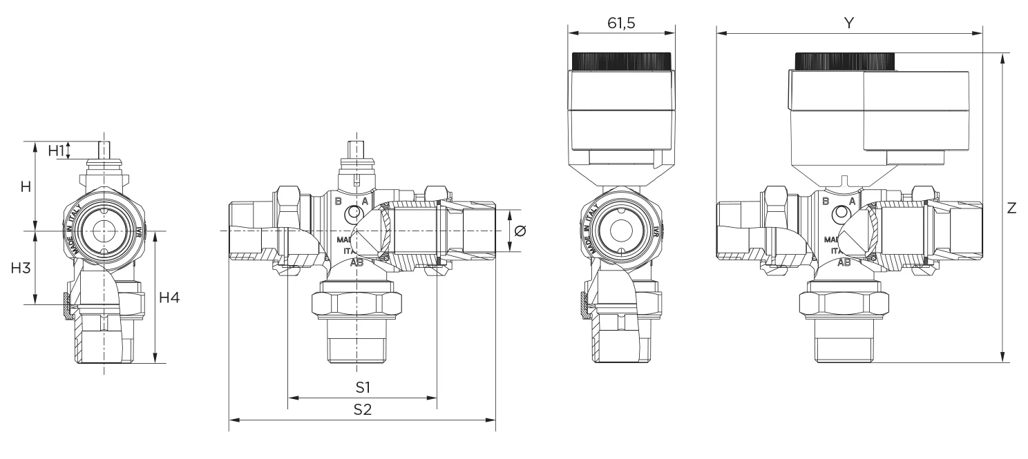 Stellmotor AQD mit vertikalem 3-Wege-Kugelventil BVQC5..L, AUSSENGEWINDE Mit adapter