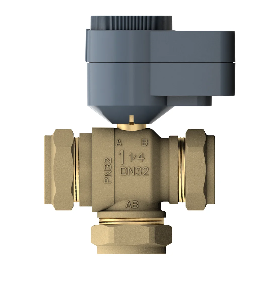 Stellmotor AQD mit vertikalem 3-Wege-Kugelventil BVQC3..L, Kompressionsverschraubung