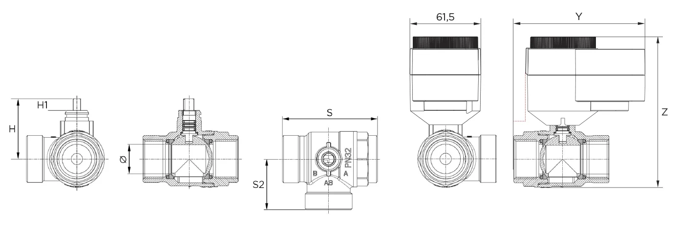 Motorni pogon AQD s 3-potnim horizontalnim krogelnim ventilom - notranji navoj tehnična risba