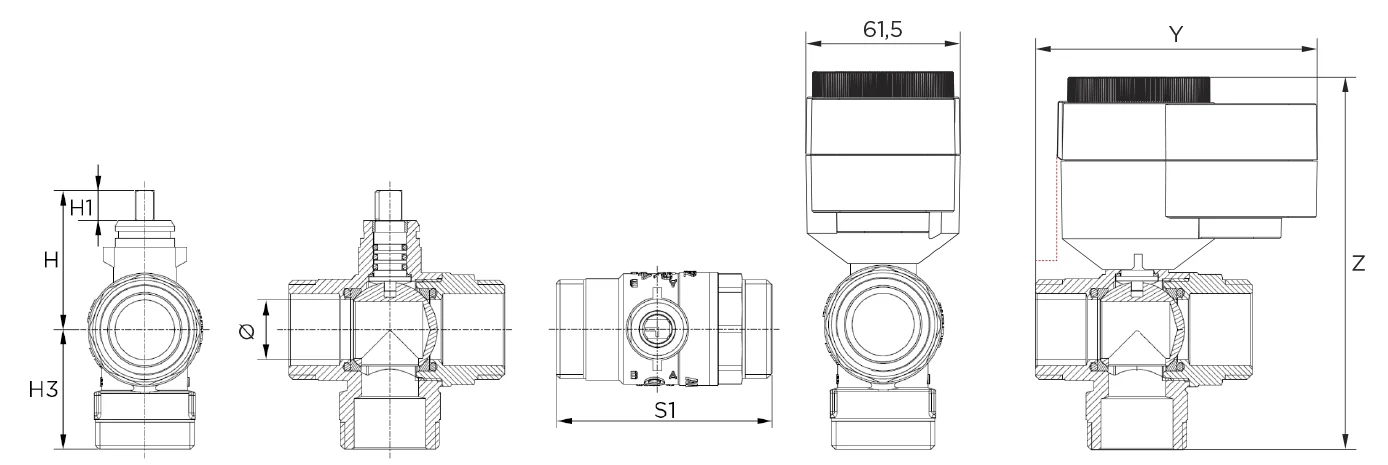 Motorni pogon AQD s 3-potnim vertikalnim krogelnim ventilom - zunanji navoj tehnična risba